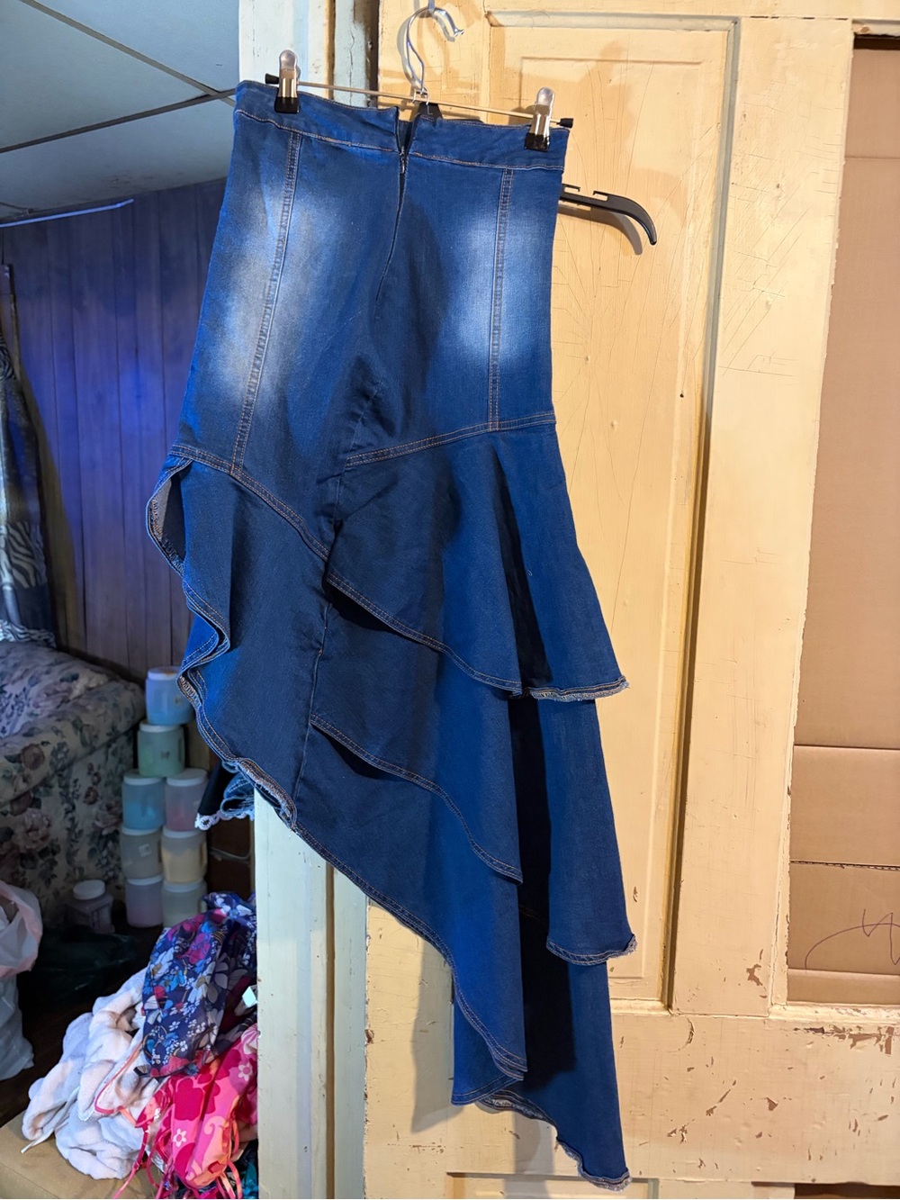 Blue Denim Asymmetric Ruffle Skirt - Women